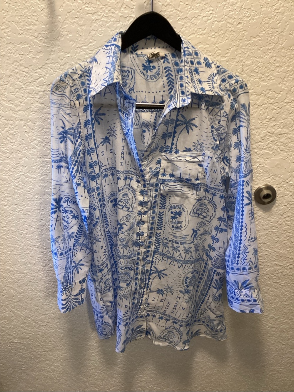 Blue and White Tropical Print Button-Down Shirt